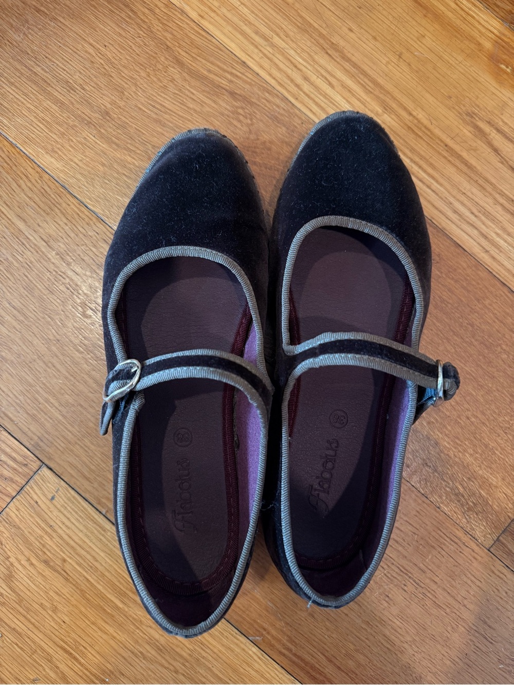 Black Khaki Flabelus Mary Jane Flats with light green trim